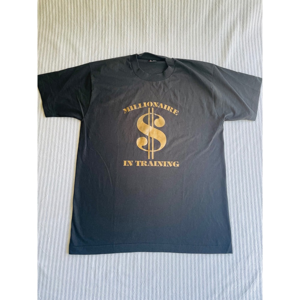 Vintage Best Fruit of the Loom Millionaire In Training T-Shirt Black Gold Large
